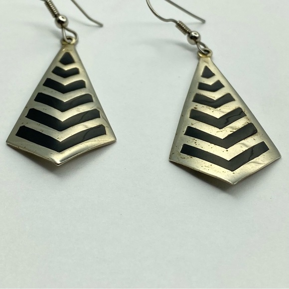 Vintage Alpaca Mexico Silver Drop Earrings Black Inlay Chevron Diamond - Picture 3 of 9